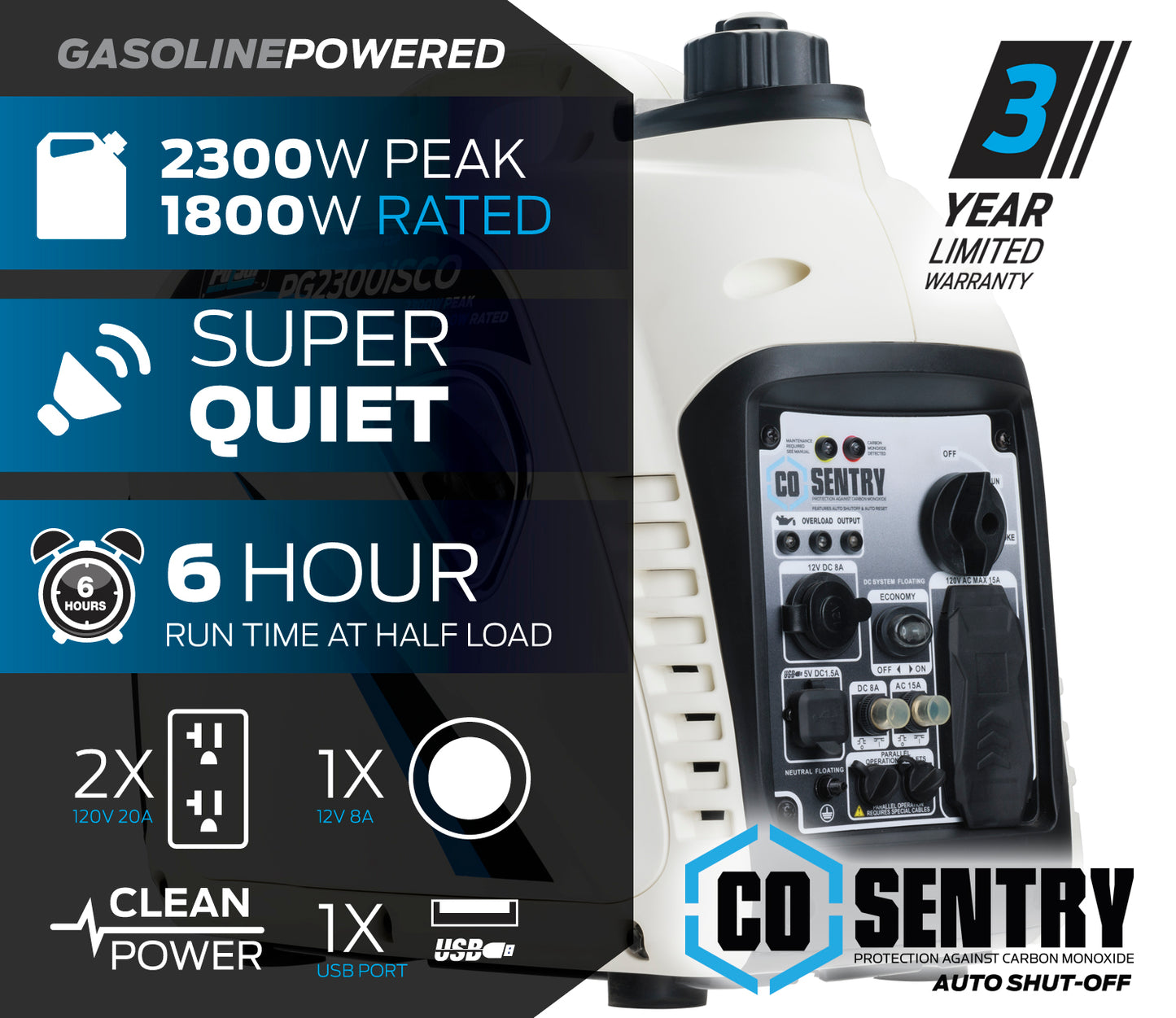 2300W Gas Powered Inverter Generator with CO Sentry