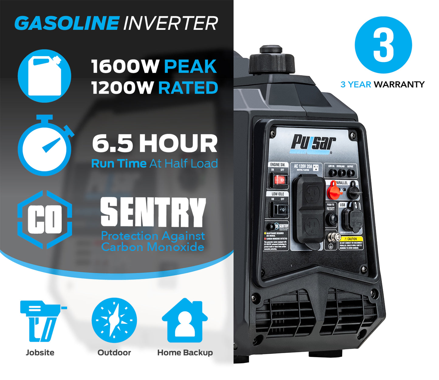 1600W Gas Powered Inverter Generator with CO Sentry
