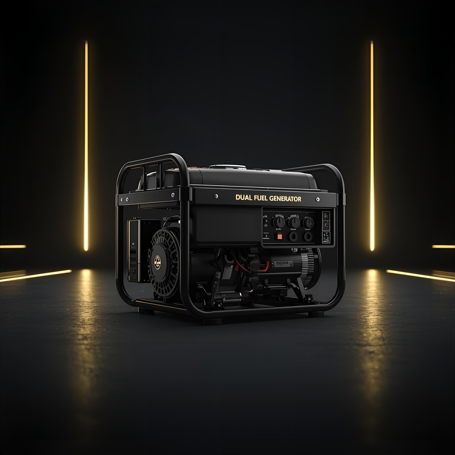 Black dual fuel generator in a dark room with vertical lights